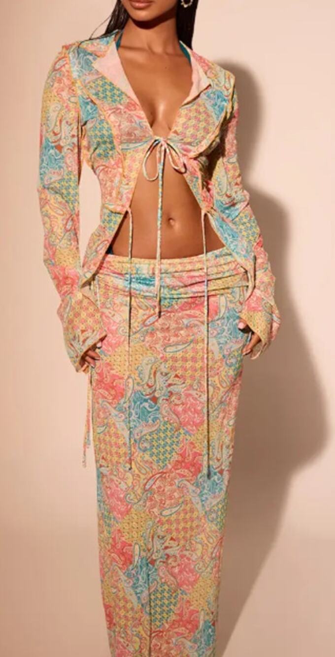 New PrettyLittleThing Lemon Paisley Mesh Tie Beach Shirt Size Large